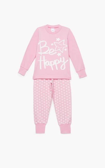 Πιτζάμα Παιδική Χειμερινή με Τύπωμα Be Happy για Κορίτσι Ροζ-Εκρού, Βαμβακερή 100% - Pretty Baby