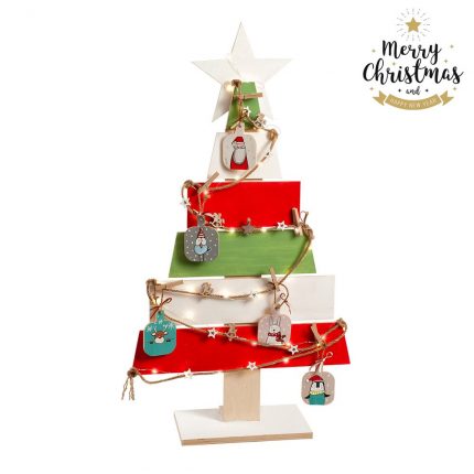 Ξύλινο διακοσμητικό δέντρο Χριστουγέννων με led φωτάκια και ξύλινα διακοσμητικά (109cm)