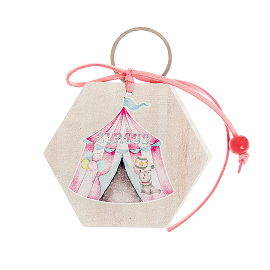 Χειροποίητες Μπομπονιέρες Βάπτισης Μπρελόκ Εξάγωνο Τσίρκο Ροζ για Κορίτσια 506 (8Χ8cm) 24τμχ || Bellissimo