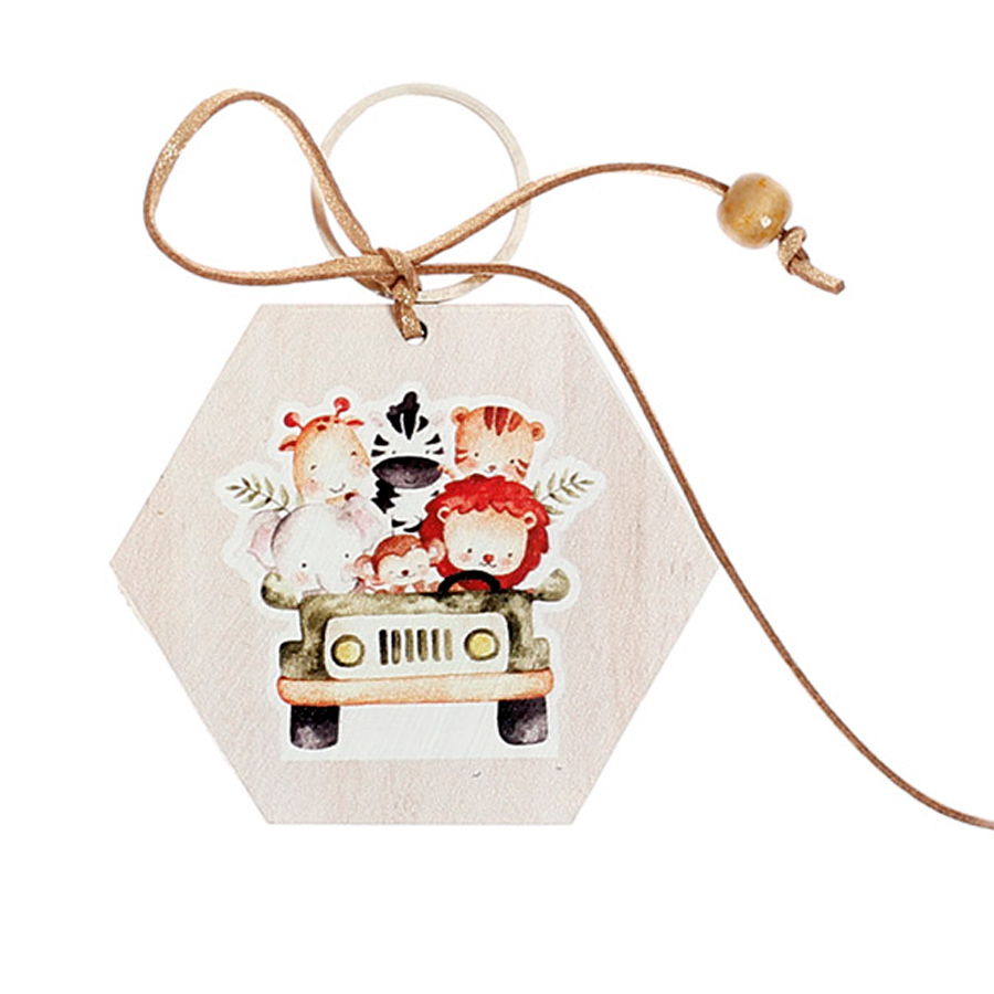 Χειροποίητες Μπομπονιέρες Βάπτισης Μπρελόκ Εξάγωνο Αυτοκίνητο με Ζωάκια για Αγόρια 509 (8Χ8cm) 24τμχ || Bellissimo