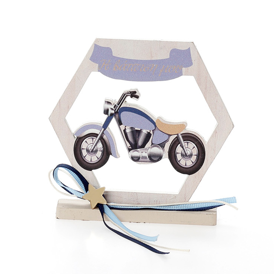 Χειροποίητη Μπομπονιέρα Βάπτισης Εξάγωνο σε Βάση με Μηχανή για Αγόρια 457 (11χ9cm) 24τμχ || Bellissimo