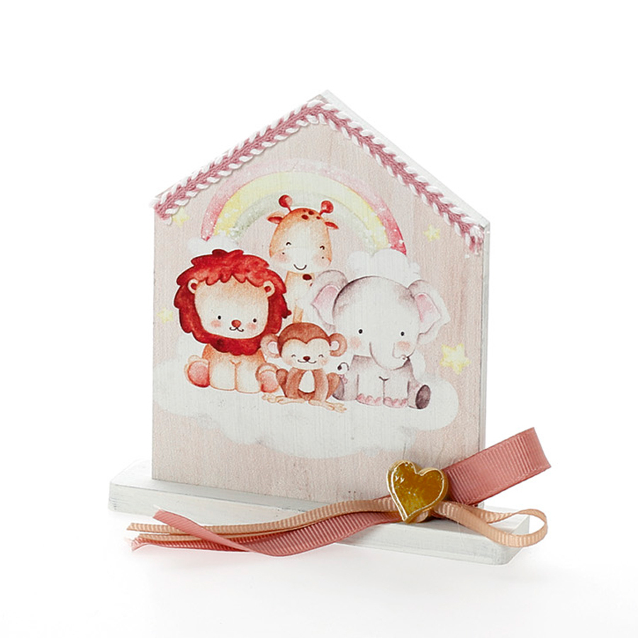 Χειροποίητη Μπομπονιέρα Βάπτισης Σπιτάκι σε Βάση με Ζωάκια για Κορίτσια 470 (11Χ9cm) 24τμχ || Bellissimo