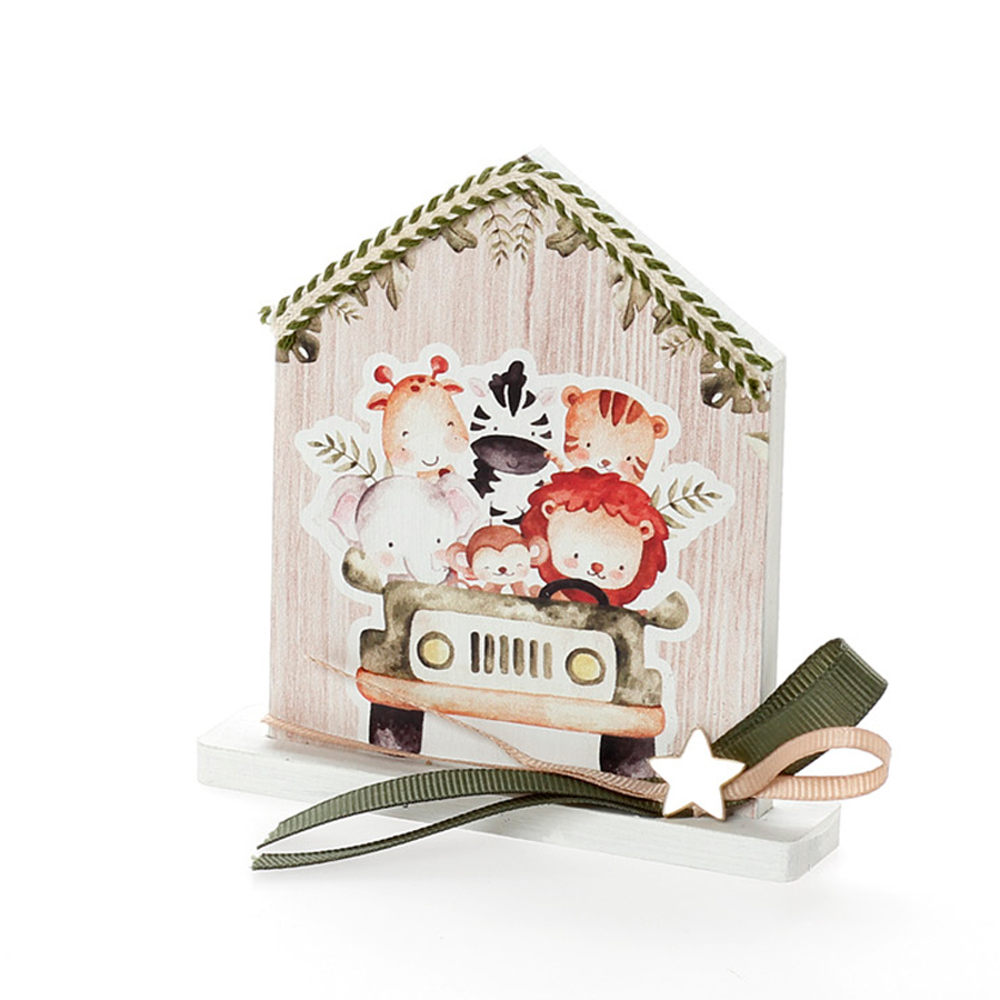 Χειροποίητη Μπομπονιέρα Βάπτισης Σπιτάκι σε Βάση Ζωάκια με Αυτοκίνητο για Αγόρια 469 (11Χ9cm) 24τμχ || Bellissimo