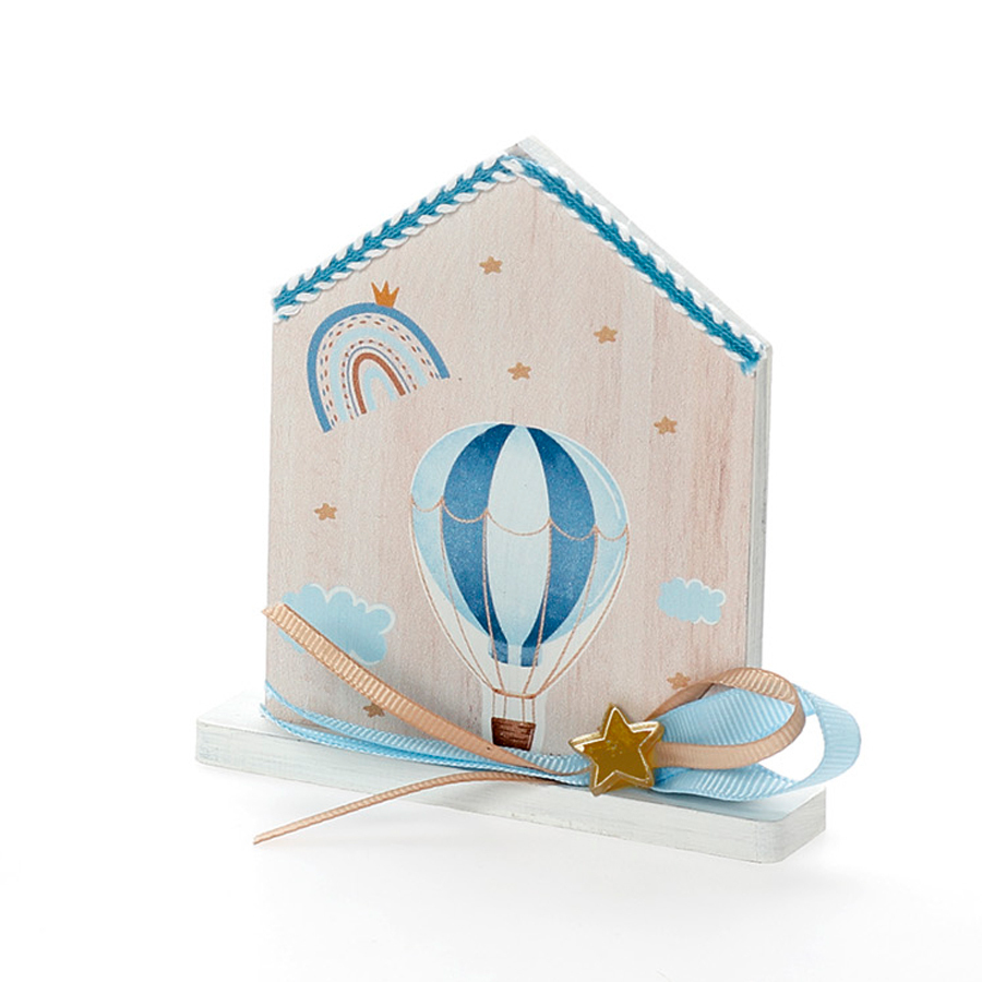 Χειροποίητη Μπομπονιέρα Βάπτισης Σπιτάκι σε Βάση Αερόστατο για Αγόρια 466 (11Χ9cm) 24τμχ || Bellissimo