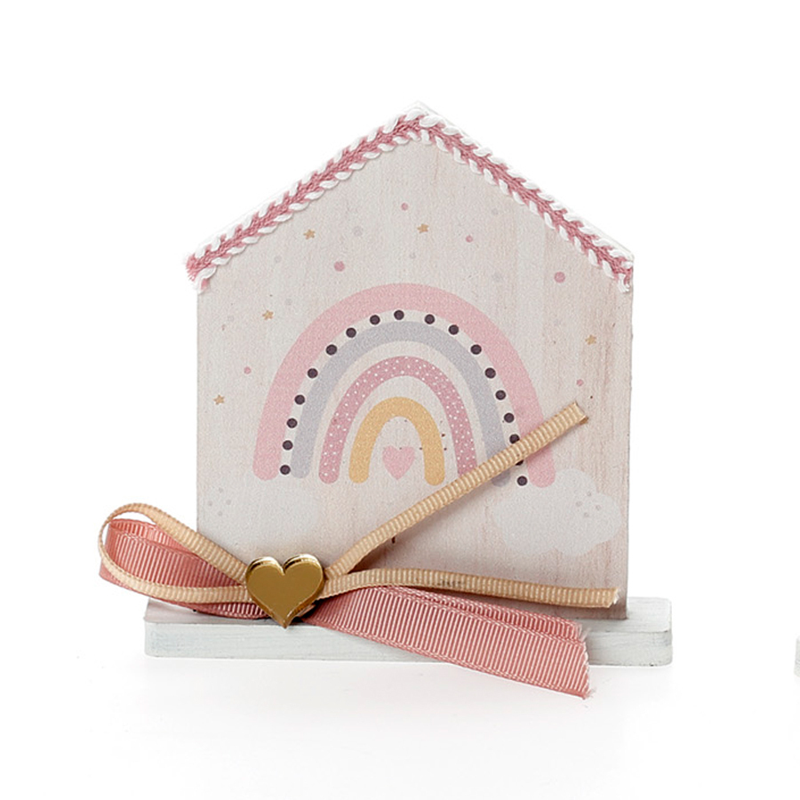 Χειροποίητη Μπομπονιέρα Βάπτισης Σπιτάκι σε Βάση με Ουράνιο Τόξο για Κορίτσια 478 (11Χ9cm) 24τμχ || Bellissimo