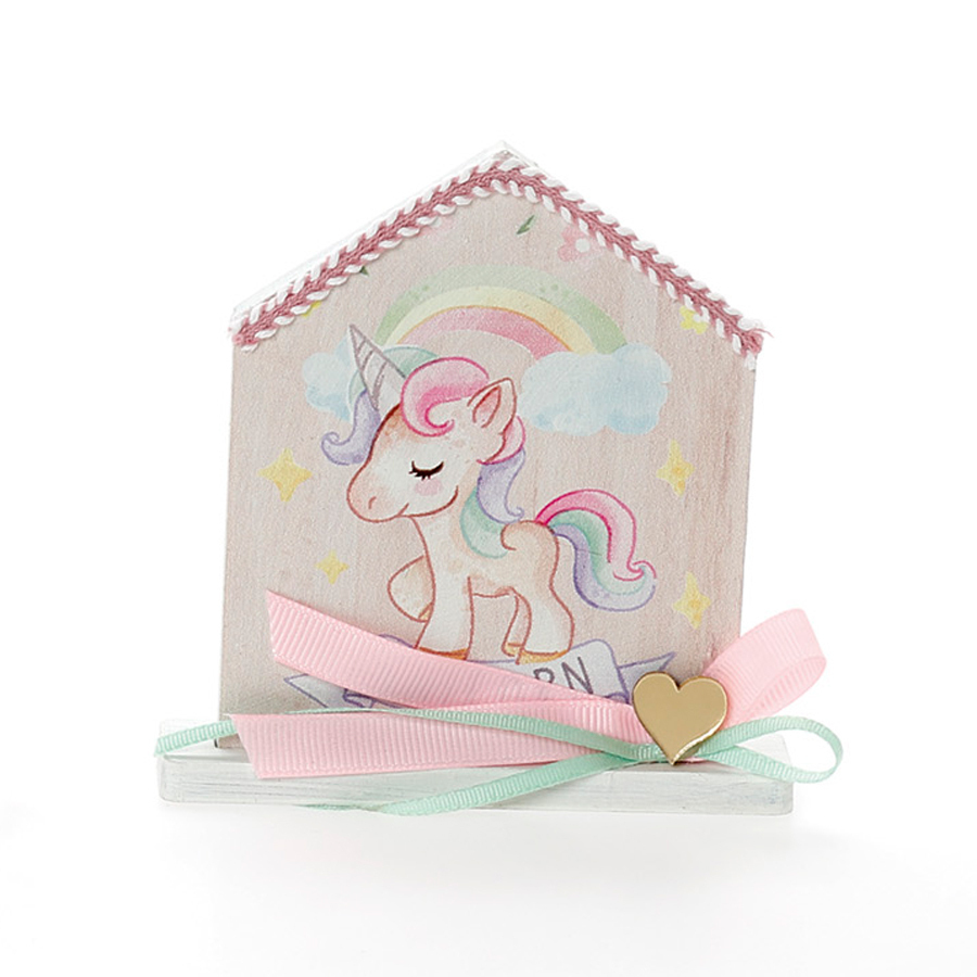 Χειροποίητη Μπομπονιέρα Βάπτισης Σπιτάκι σε Βάση με Μονόκερο για Κορίτσια 473 (11χ9cm) 24τμχ || Bellissimo