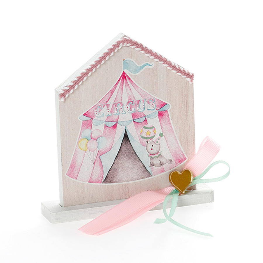 Χειροποίητη Μπομπονιέρα Βάπτισης Σπιτάκι σε Βάση Τσίρκο Ροζ για Κορίτσια 475 (11Χ9cm) 24τμχ || Bellissimo