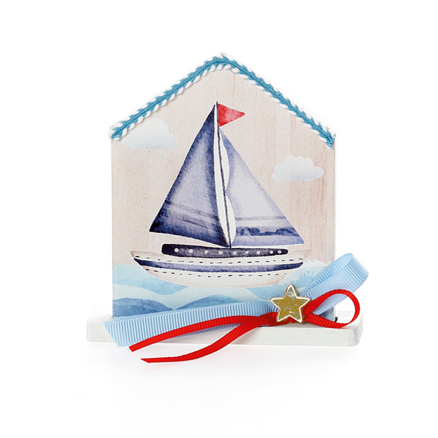 Χειροποίητη Μπομπονιέρα Βάπτισης Σπιτάκι σε Βάση Καραβάκι για Αγόρια 459 (11Χ9cm) 24τμχ || Bellissimo