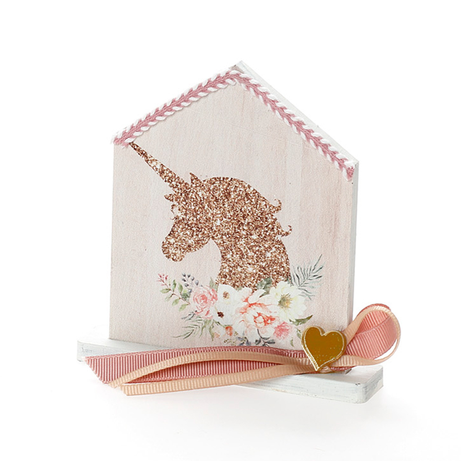 Χειροποίητη Μπομπονιέρα Βάπτισης Σπιτάκι σε Βάση με Μονόκερο με Στρας για Κορίτσια 472 (11χ9cm) 24τμχ || Bellissimo