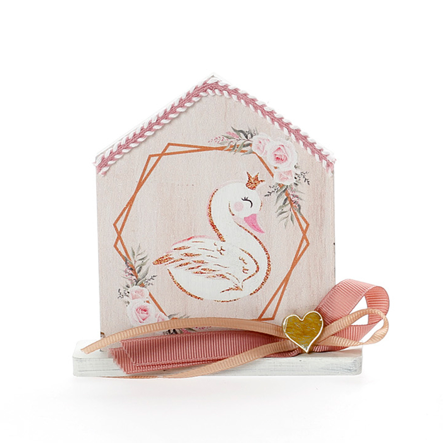 Χειροποίητη Μπομπονιέρα Βάπτισης Σπιτάκι σε Βάση με Κύκνο για Κορίτσια 468 (11Χ9cm) 24τμχ || Bellissimo