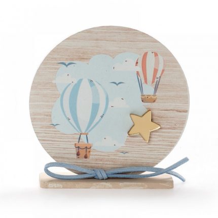 Χειροποίητη Μπομπονιέρα Βάπτισης Ξύλινο Καδράκι Στρογγυλό με Αερόστατο για Αγόρια ΚΒΤ-350 (10 cm) || Bellissimo