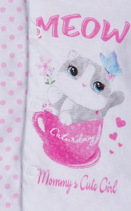 Βρεφικό Καλοκαιρινό Φορμάκι για Κορίτσι Meow Λευκό-Ροζ Πουά Μακρύ Μανίκι, Ψιλή Πλέξη Υφάσματος, Βαμβακερό 100% - Pretty Baby