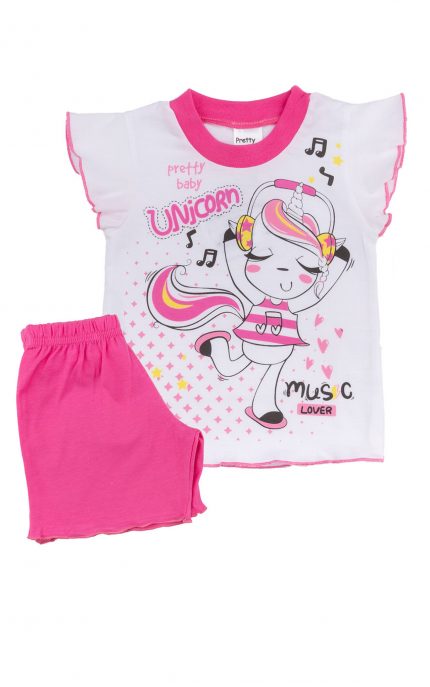 Βρεφική Καλοκαιρινή Πιτζάμα Unicorn Music για Κορίτσι Λευκό-Φουξ Ψιλή Πλέξη Υφάσματος, Βαμβακερή 100% - Pretty Baby