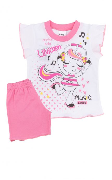Βρεφική Καλοκαιρινή Πιτζάμα Unicorn Music για Κορίτσι Λευκό-Ροζ Ψιλή Πλέξη Υφάσματος, Βαμβακερή 100% - Pretty Baby