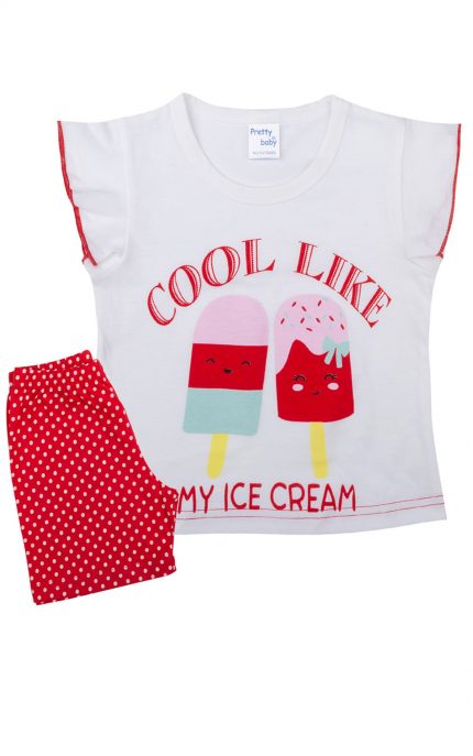 Βρεφική Καλοκαιρινή Πιτζάμα Ice Cream για Κορίτσι Λευκό-Κόκκινο Πουά, Ψιλή Πλέξη Υφάσματος, Βαμβακερή 100% - Pretty Baby
