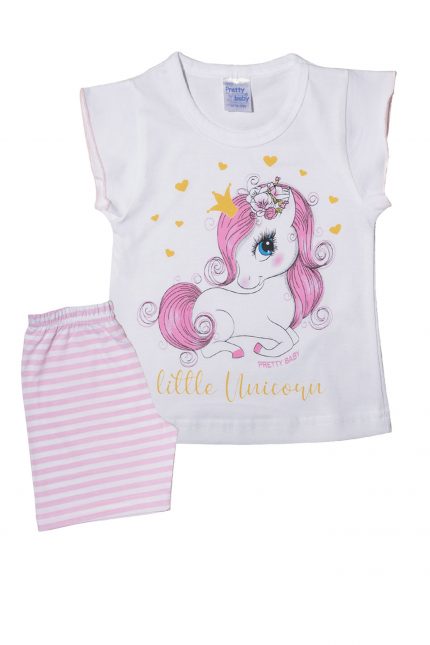 Βρεφική Καλοκαιρινή Πιτζάμα για Κορίτσι Unicorn Strass Λευκό-Φούξια Ψιλή Πλέξη Υφάσματος, Βαμβακερή 100% - Pretty Baby