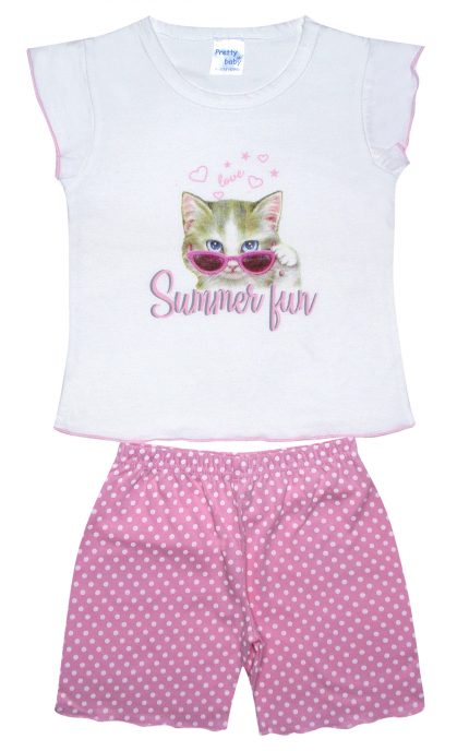 Βρεφική Καλοκαιρινή Πιτζάμα για Κορίτσι Summer Cat Λευκό-Ροζ Πουά Ψιλή Πλέξη Υφάσματος, Βαμβακερή 100% - Pretty Baby