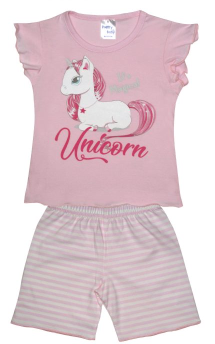 Βρεφική Καλοκαιρινή Πιτζάμα για Κορίτσι Unicorn Ροζ Ριγέ Ψιλή Πλέξη Υφάσματος, Βαμβακερή 100% - Pretty Baby
