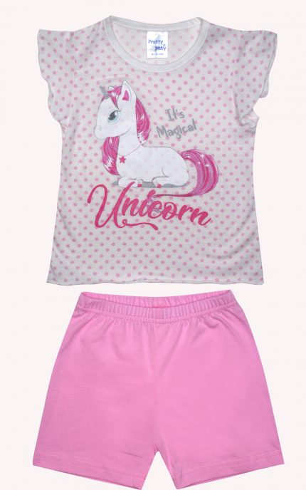 Βρεφική Καλοκαιρινή Πιτζάμα για Κορίτσι Unicorn Λευκό-Ροζ Πουά Ψιλή Πλέξη Υφάσματος, Βαμβακερή 100% - Pretty Baby
