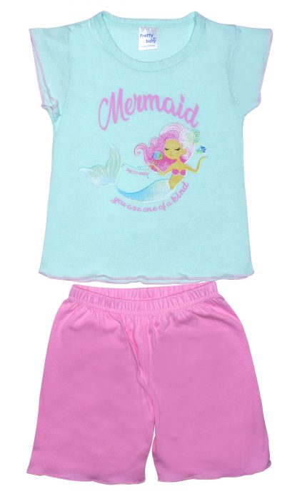 Βρεφική Καλοκαιρινή Πιτζάμα για Κορίτσι Mermaid Aqua-Ροζ Ψιλή Πλέξη Υφάσματος, Βαμβακερή 100% - Pretty Baby