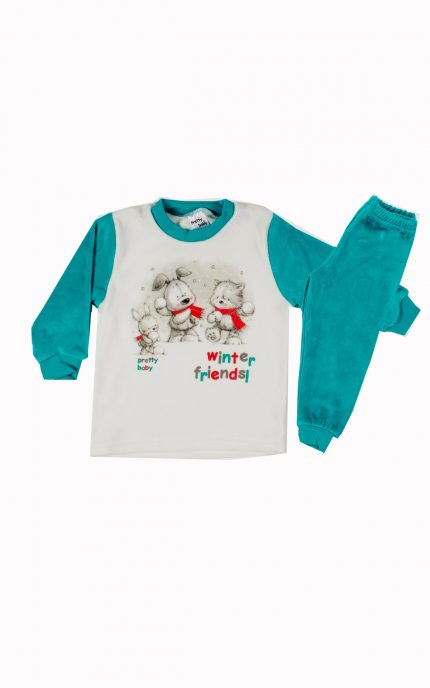 Βρεφική Χειμερινή Πιτζάμα για Αγόρι Friends Τυρκουάζ-Εκρού, Βαμβακερή 100% - Pretty Baby