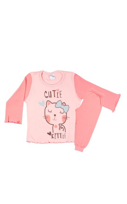 Βρεφική Χειμερινή Πιτζάμα με Τύπωμα Cutie Kittie για Κορίτσι Ροζ-Κοραλί, Βαμβακερή 100% - Pretty Baby