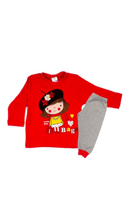 Βρεφική Χειμερινή Πιτζάμα με Τύπωμα Bags για Κορίτσι Γκρι-Κόκκινο Βαμβακερή 100% - Pretty Baby