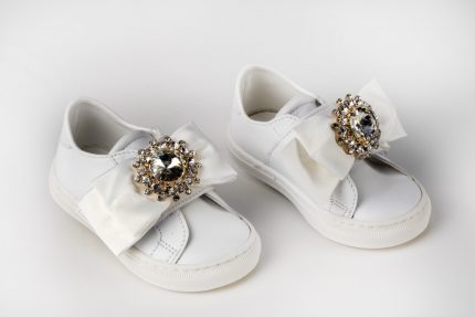 Χειροποίητο Βαπτιστικό Παπουτσάκι Sneaker για Κορίτσι Περπατήματος Λευκό-Σομόν K394A, Everkid