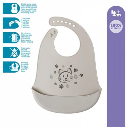 Kiokids - Σαλιάρα Σιλικόνης Γκρι Γατάκι 4m+