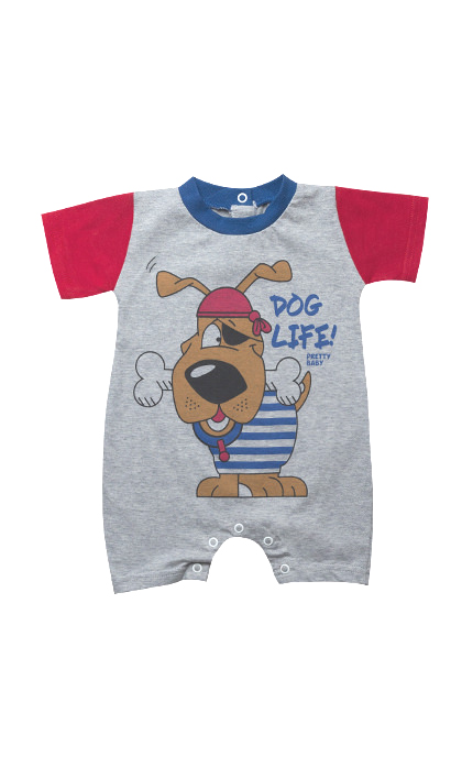 Βρεφικό Καλοκαιρινό Φορμάκι για Αγόρι Dog Γκρι-Κόκκινο Κοντό Μανίκι, Ψιλή Πλέξη Υφάσματος Βαμβακερό 100% - Pretty Baby