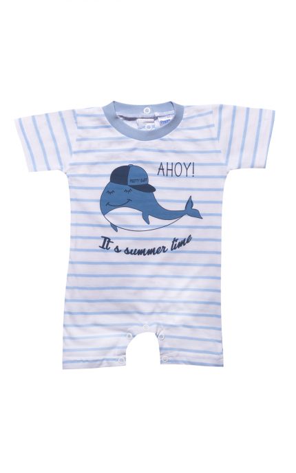 Βρεφικό Καλοκαιρινό Φορμάκι για Αγόρι Ahoy Λευκό-Σιέλ Ρίγα Κοντό Μανίκι Ψιλή Πλέξη Υφάσματος, Βαμβακερό 100% - Pretty Baby