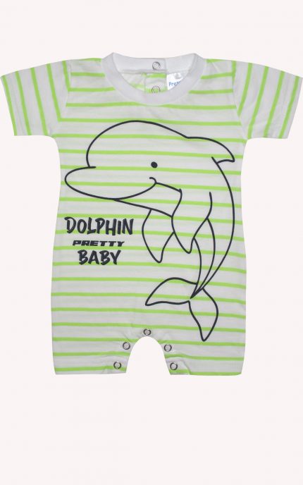 Βρεφικό Καλοκαιρινό Φορμάκι για Αγόρι Dolphin Lime-Λευκό Κοντό Μανίκι Ψιλή Πλέξη Υφάσματος, Βαμβακερό 100% - Pretty Baby