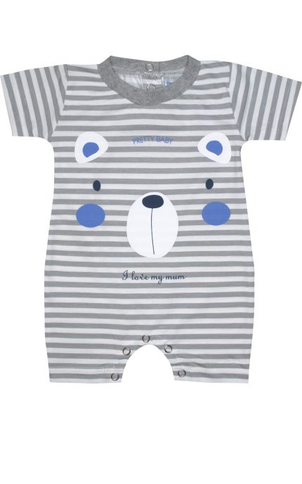 Βρεφικό Καλοκαιρινό Φορμάκι για Αγόρι Pretty Bear Γκρι-Λευκό Κοντό Μανίκι Ψιλή Πλέξη Υφάσματος, Βαμβακερό 100% - Pretty Baby