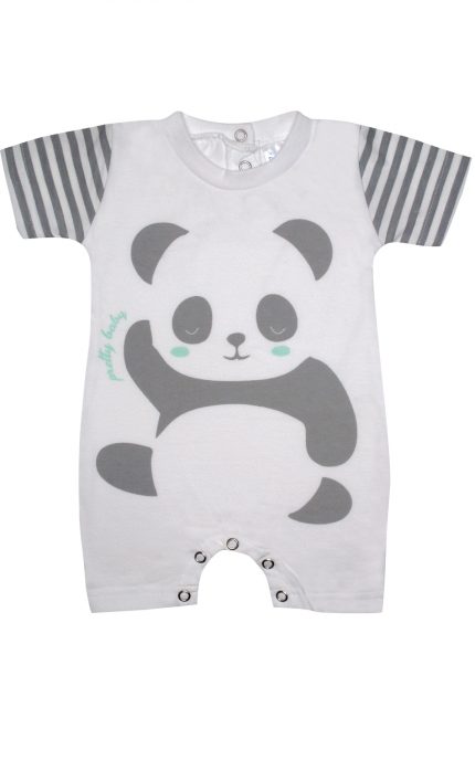 Βρεφικό Καλοκαιρινό Φορμάκι Unisex Big Bear Γκρι-Λευκό Κοντό Μανίκι Ψιλή Πλέξη Υφάσματος, Βαμβακερό 100% - Pretty Baby