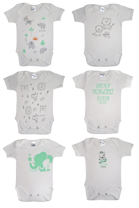 Βρεφικά Εσώρουχα Κορμάκια Unisex Σετ 6 Τεμάχια Animals Λευκό-Πράσινο Κοντό Μανίκι Βαμβακερά 100% - Pretty Baby