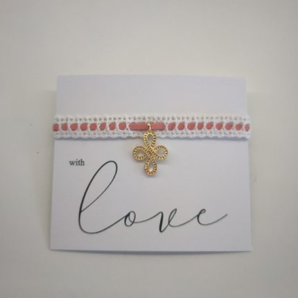 Χρυσός Σταυρός Ροζ Σάπιο Μήλο Σουέτ Μαρτυρικό σε Καρτάκι Love | ΜΑΡ88