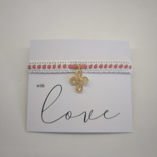 Χρυσός Σταυρός Ροζ Σάπιο Μήλο Σουέτ Μαρτυρικό σε Καρτάκι Love | ΜΑΡ88