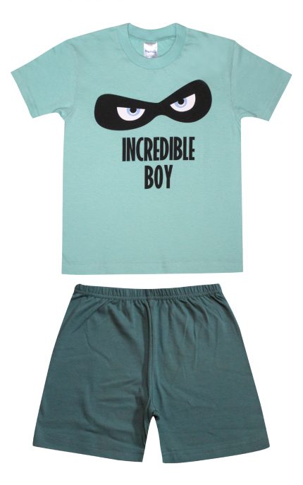 Πιτζάμα Παιδική Καλοκαιρινή Σετ 2τμχ για Αγόρι Incredible Boy Πετρόλ-Κυπαρισσί, Ψιλή Πλέξη Υφάσματος, Βαμβακερό 100% - Pretty Baby