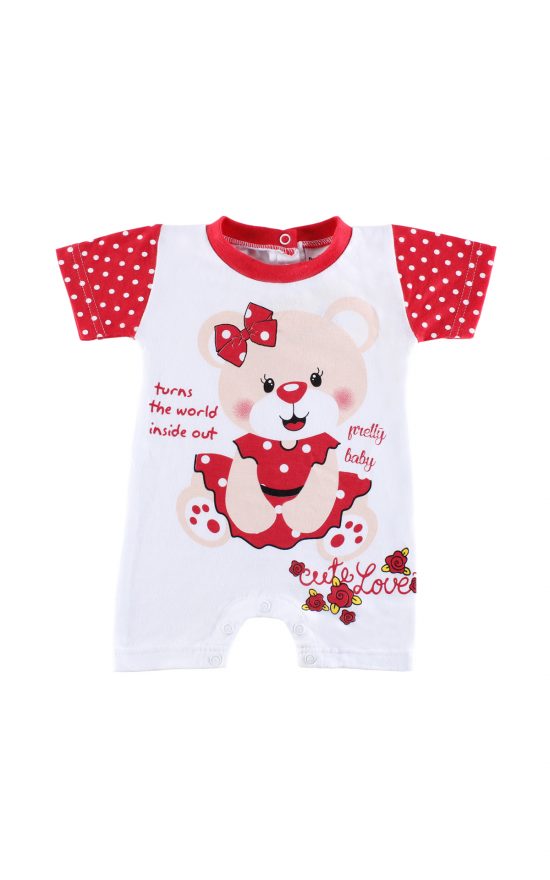 Βρεφικό Καλοκαιρινό Φορμάκι για Κορίτσι Cute Love Λευκό-Κόκκινο Πουά Κοντό Μανίκι, Ψιλή Πλέξη, Βαμβακερό 100% - Pretty Baby