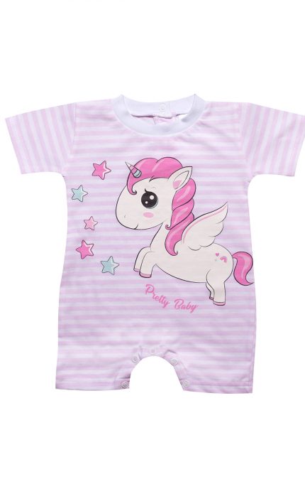 Βρεφικό Καλοκαιρινό Φορμάκι για Κορίτσι Flying Unicorn Λευκό-Ροζ Ρίγα Κοντό Μανίκι, Ψιλή Πλέξη, Βαμβακερό 100% - Pretty Baby