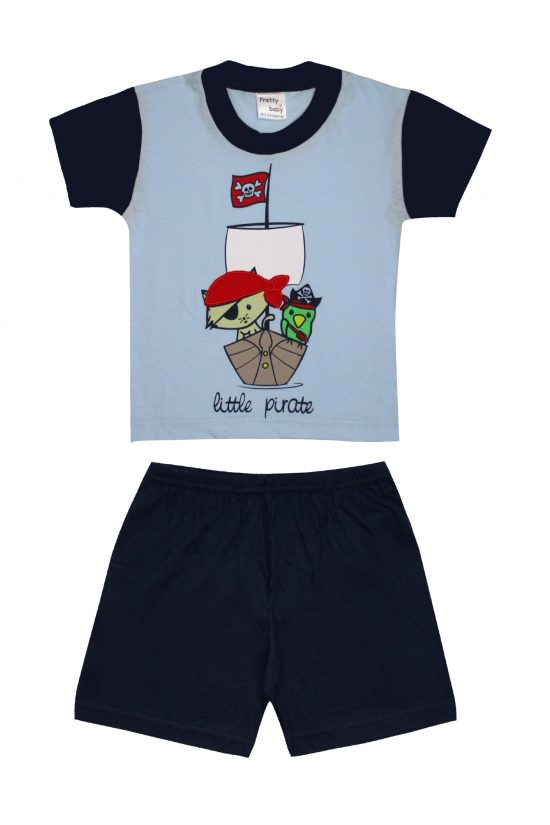 Βρεφική Καλοκαιρινή Πιτζάμα για Αγόρι Pirate Λευκό-Σιέλ, Ψιλή Πλέξη Υφάσματος, Βαμβακερή 100% - Pretty Baby