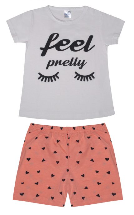 Παιδική Καλοκαιρινή Πιτζάμα για Κορίτσι Feel Pretty Λευκό-Κοραλί Ψιλή Πλέξη Υφάσματος, Βαμβακερή 100% - Pretty Baby