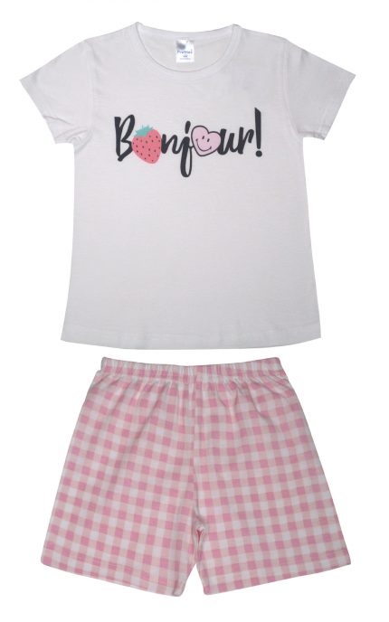 Παιδική Καλοκαιρινή Πιτζάμα για Κορίτσι Bonjour Λευκό-Ροζ Ψιλή Πλέξη Υφάσματος, Βαμβακερή 100% - Pretty Baby