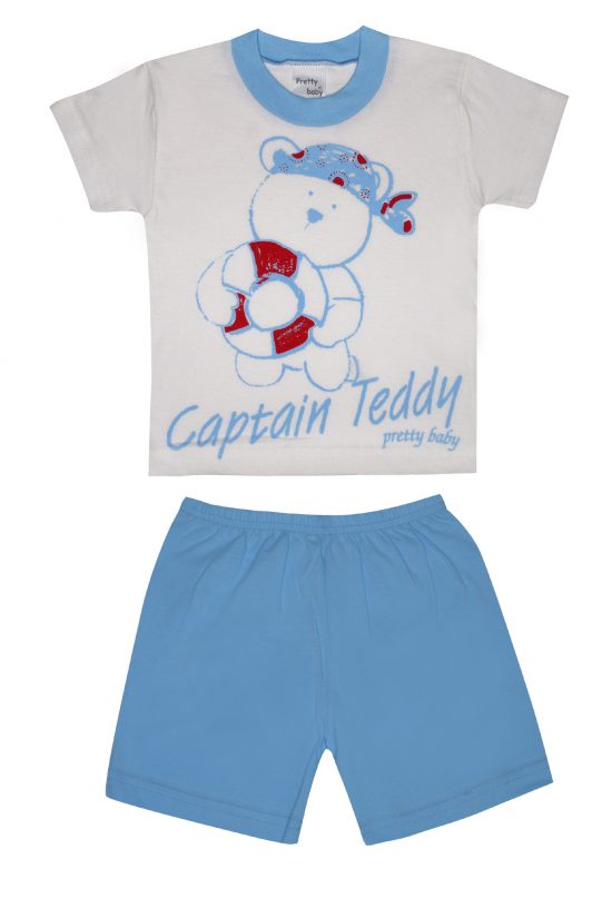 Βρεφική Καλοκαιρινή Πιτζάμα για Αγόρι Captain Teddy Λευκό-Σιέλ, Ψιλή Πλέξη Υφάσματος, Βαμβακερή 100% - Pretty Baby