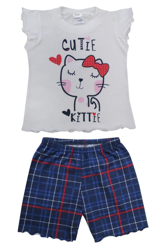 Βρεφική Καλοκαιρινή Πιτζάμα για Κορίτσι Kittie Λευκό Καρό, Ψιλή Πλέξη Υφάσματος, Βαμβακερή 100% - Pretty Baby