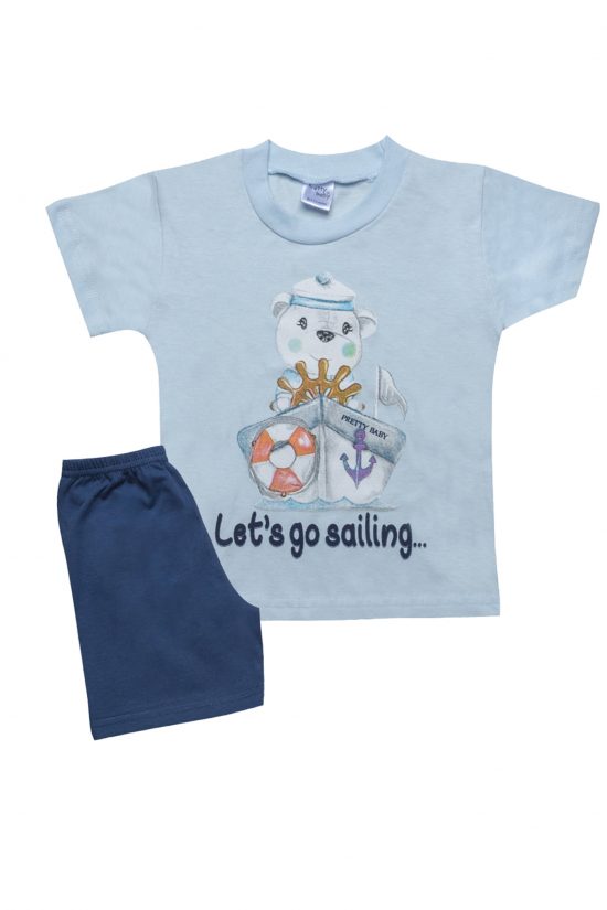 Βρεφική Καλοκαιρινή Πιτζάμα για Αγόρι Sailing Σιέλ, Ψιλή Πλέξη Υφάσματος, Βαμβακερή 100% - Pretty Baby
