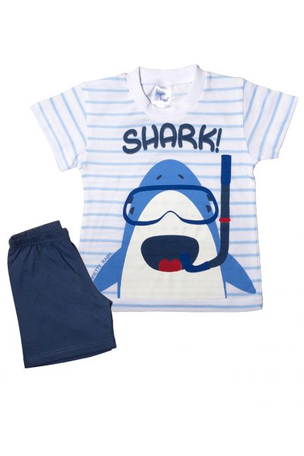 Βρεφική Καλοκαιρινή Πιτζάμα για Αγόρι Shark Σιέλ-Ρίγα, Ψιλή Πλέξη Υφάσματος, Βαμβακερή 100% - Pretty Baby