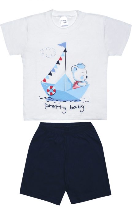 Βρεφική Καλοκαιρινή Πιτζάμα για Αγόρι Boat Λευκό-Μαρίν, Ψιλή Πλέξη Υφάσματος, Βαμβακερή 100% - Pretty Baby