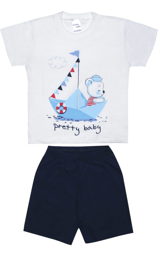 Βρεφική Καλοκαιρινή Πιτζάμα για Αγόρι Boat Λευκό-Μαρίν, Ψιλή Πλέξη Υφάσματος, Βαμβακερή 100% - Pretty Baby