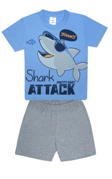 Βρεφική Καλοκαιρινή Πιτζάμα για Αγόρι Shark Σιέλ-Γκρι, Ψιλή Πλέξη Υφάσματος, Βαμβακερή 100% - Pretty Baby
